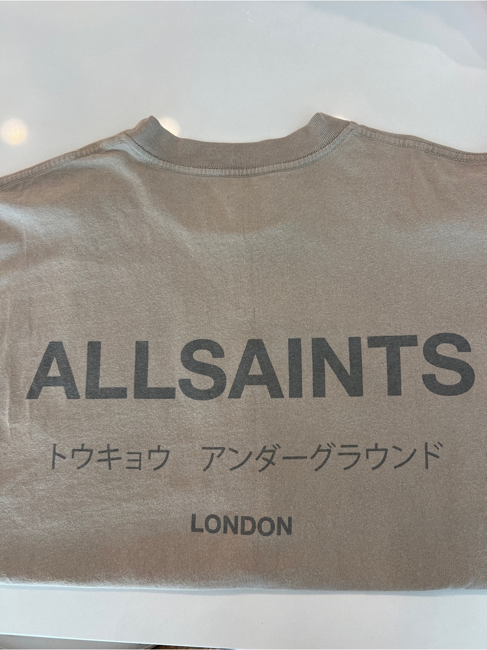 All Saints Short Sleeve Tee in Taupe with Back Logo READ CAPTION